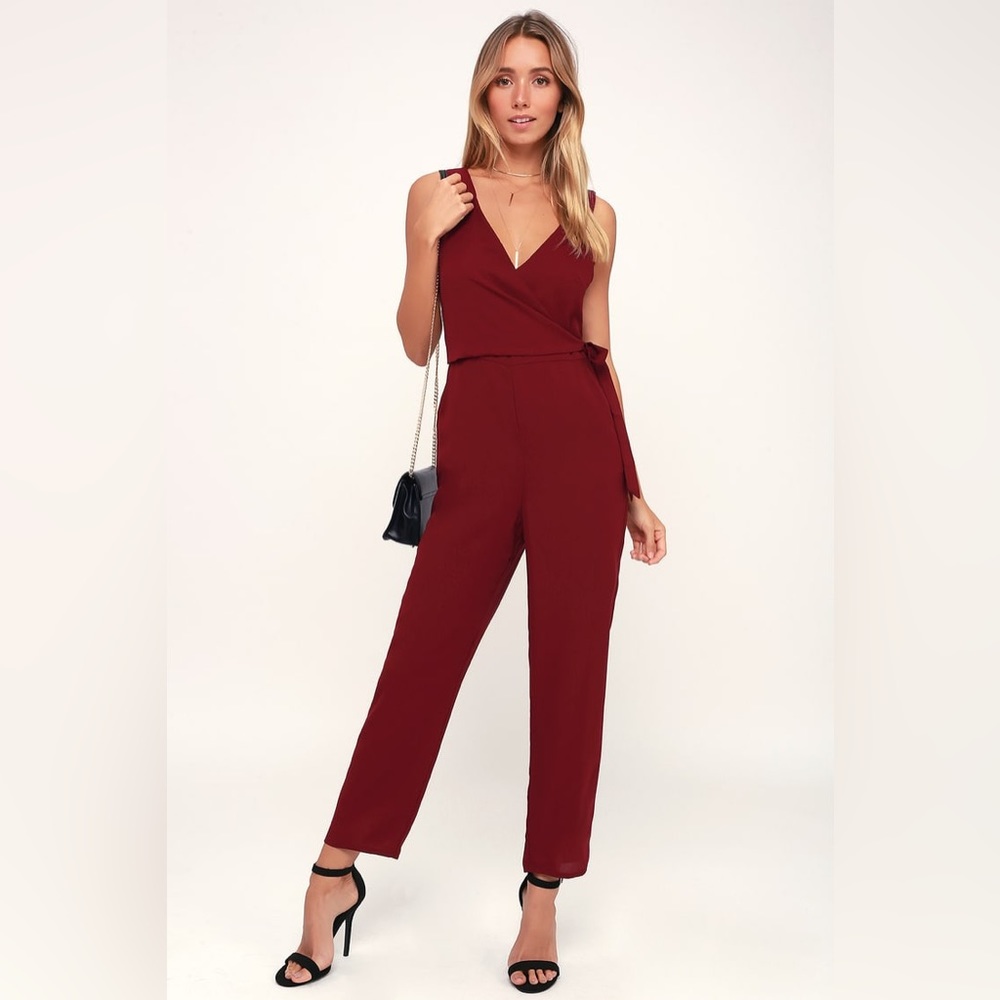 Lulu’s- Like It Like That Wine Red Sleeveless Surplice Jumpsuit